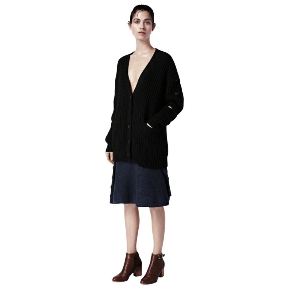 Naadam Black Mohair Wool Bow Sleeve Flowy Drapey V Neck Cardigan Sweater L